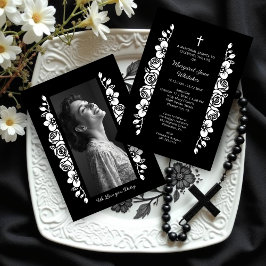 Convite Minimal Botanic Back & White Garland Photo Funeral
