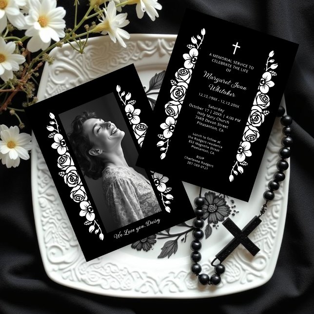 Convite Minimal Botanic Back & White Garland Photo Funeral (Delicate Minimalist Floral Back & White Floral Garlands Funeral Invitation Cards with Back Photo. )