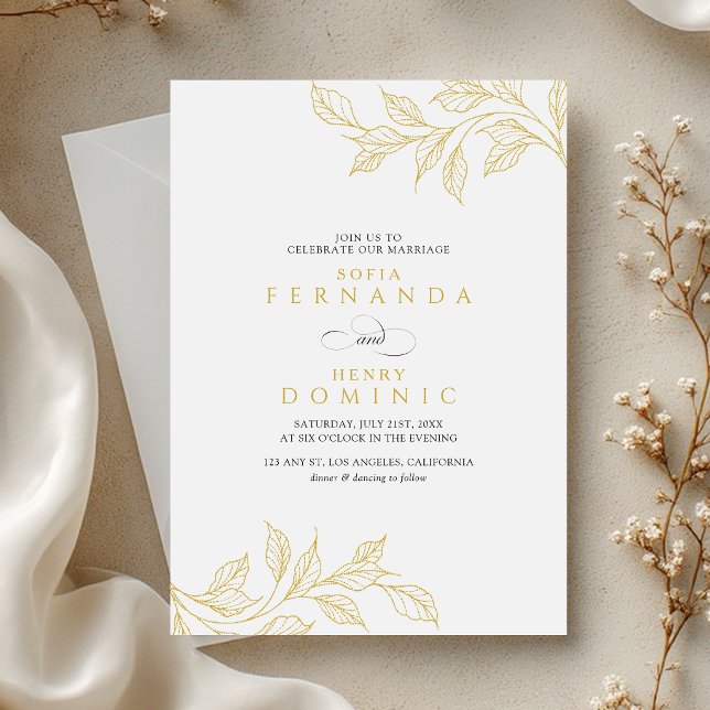 Convite Minimal Botanical Faux Gold Wedding (Criador carregado)