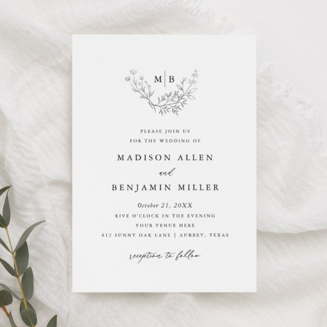 Convite Minimal Botanical Formal Monogram Wedding (Criador carregado)