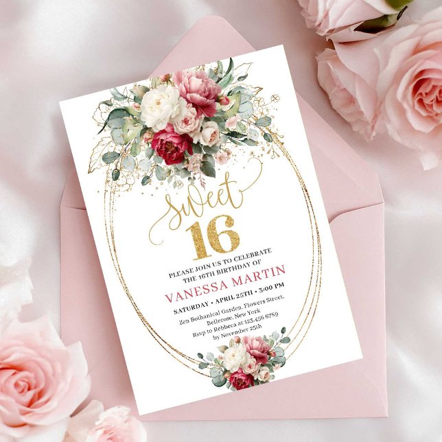 Convite Minimal Burgundy Blush Gold Floral Sweet 16 Invite (Minimal Burgundy Blush Gold Floral Sweet 16 Invite)