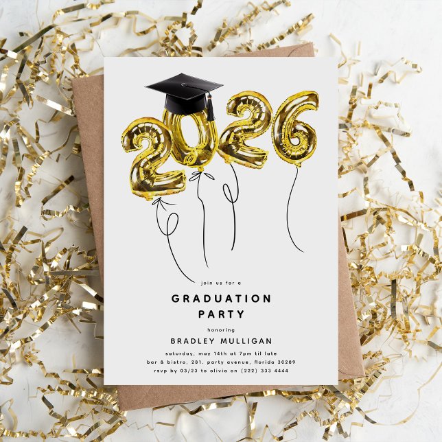 Convite Minimal Class of '2026' Gold Balloons Graduation (Criador carregado)