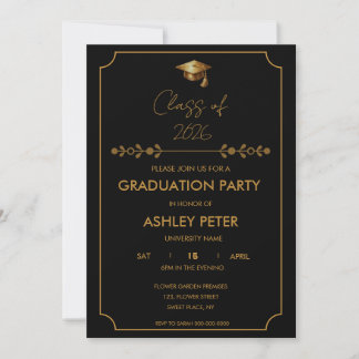 Convite Minimal Classy Black & Gold Grad Party Invitation