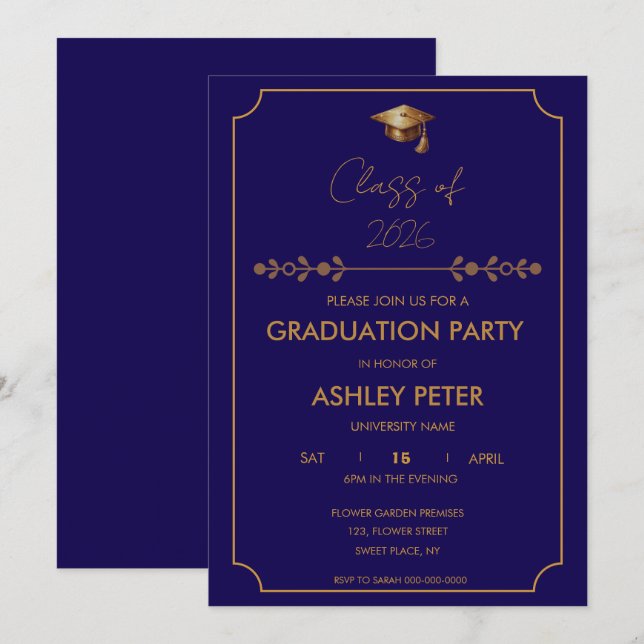 Convite Minimal Classy Blue Grad Party Invitation (Frente/Verso)