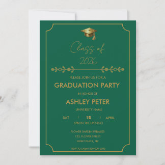 Convite Minimal Classy Green & Gold Grad Party Invitation