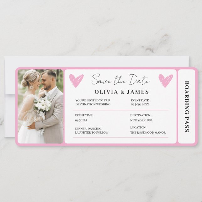 Convite Minimal Destination Wedding Boarding Pass Invite (Frente)