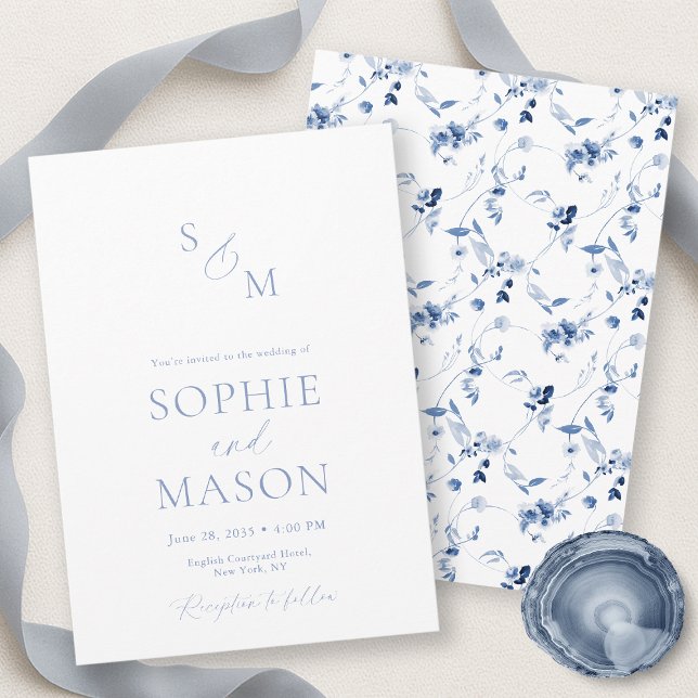 Convite Minimal Dusty Blue Monogram Wedding Invitation (Criador carregado)
