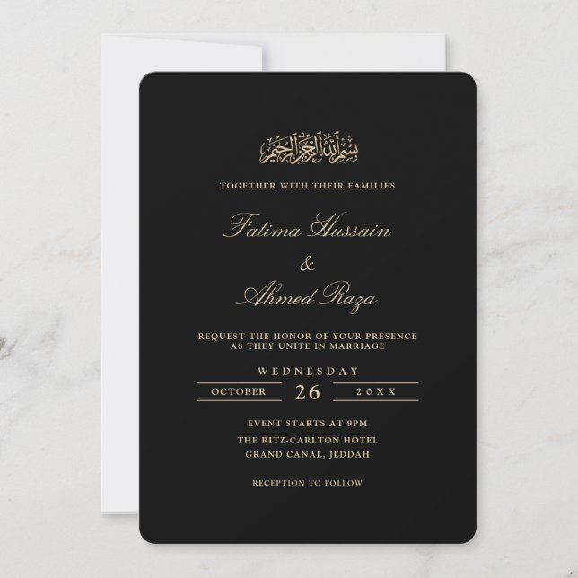 Convite Minimal Elegant Gold Script Black Muslim Wedding (Frente)