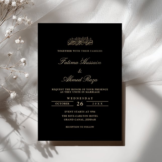Convite Minimal Elegant Gold Script Black Muslim Wedding (Criador carregado)