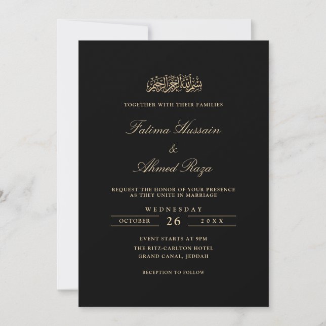 Convite Minimal Elegant Gold Script Black Muslim Wedding (Frente)