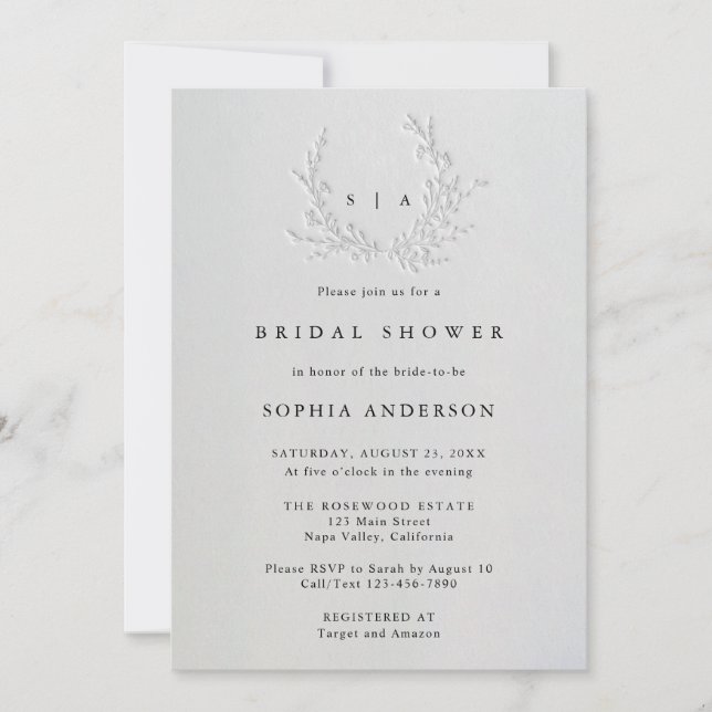 Convite Minimal Faux Blind Deboss Cotton Bridal Shower (Frente)