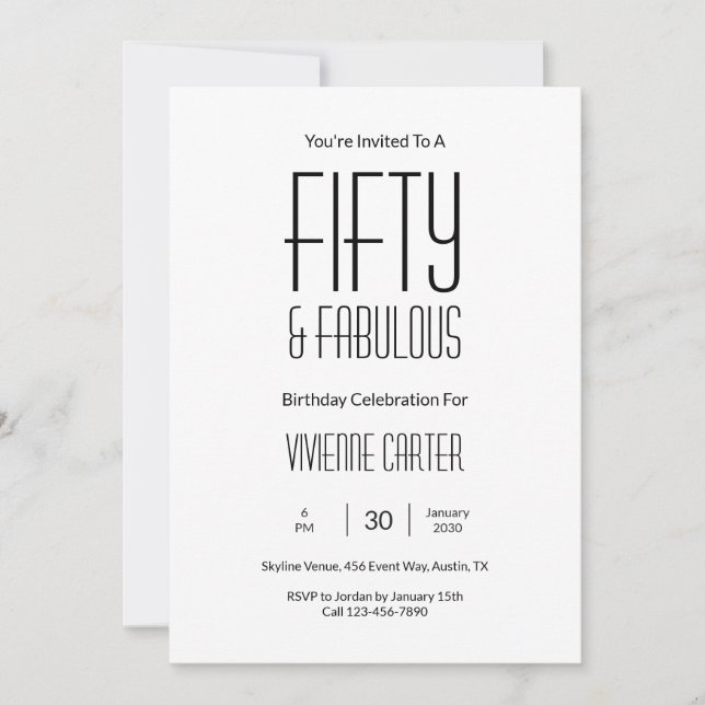 Convite Minimal Fifty and Fabulous 50th Birthday Party (Frente)