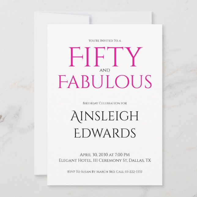 Convite Minimal Fifty and Fabulous Pink 50th Birthday (Frente)