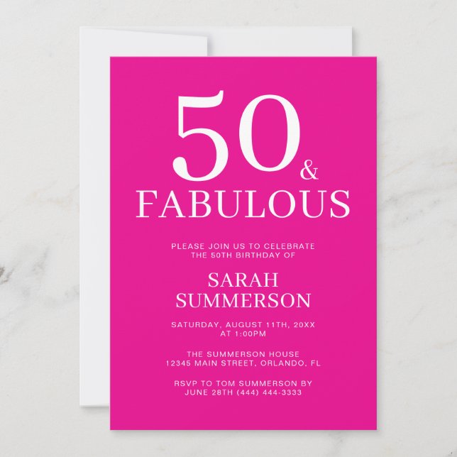 Convite Minimal Fifty Fabulous Pink 50th Birthday Party (Frente)