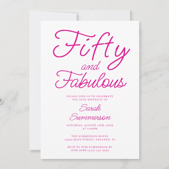 Convite Minimal Fifty Fabulous Pink 50th Birthday Party (Frente)