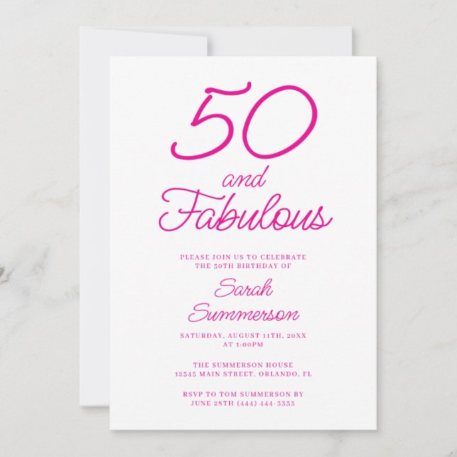 Convite Minimal Fifty Fabulous Pink 50th Birthday Party (Frente)
