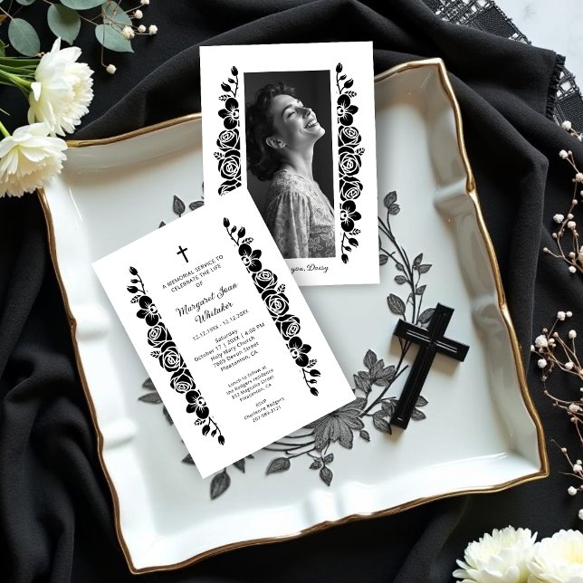 Convite Minimal Floral Back & White Garland Photo Funeral (Exquisite Minimalist Floral Back & White Floral Garlands Funeral Invitation Cards with Back Photo.)