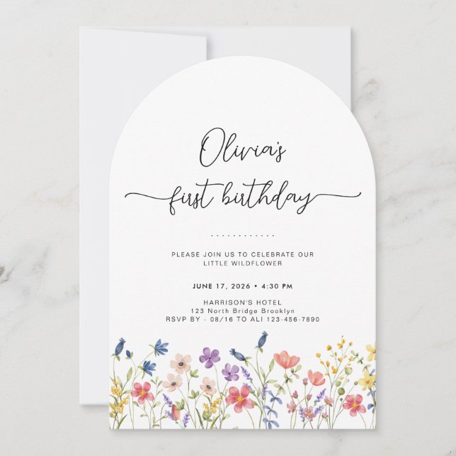 Convite Minimal Floral First Birthday Arch Invitation (Frente)