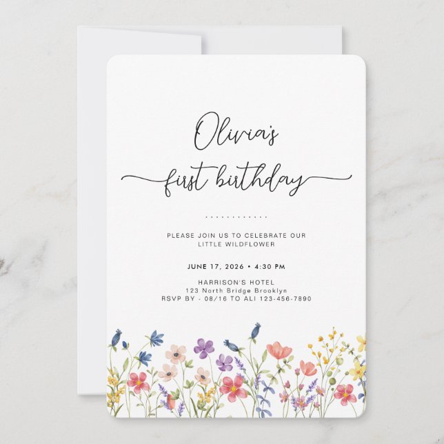 Convite Minimal Floral First Birthday Invitation (Frente)