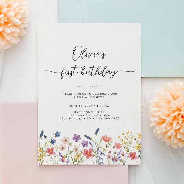 Convite Minimal Floral First Birthday Invitation (Criador carregado)