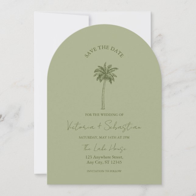 Convite Minimal Green Palm Tree Beach Save The Date (Frente)
