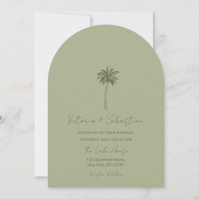 Convite Minimal Green Palm Tree Beach Wedding Invitation (Frente)