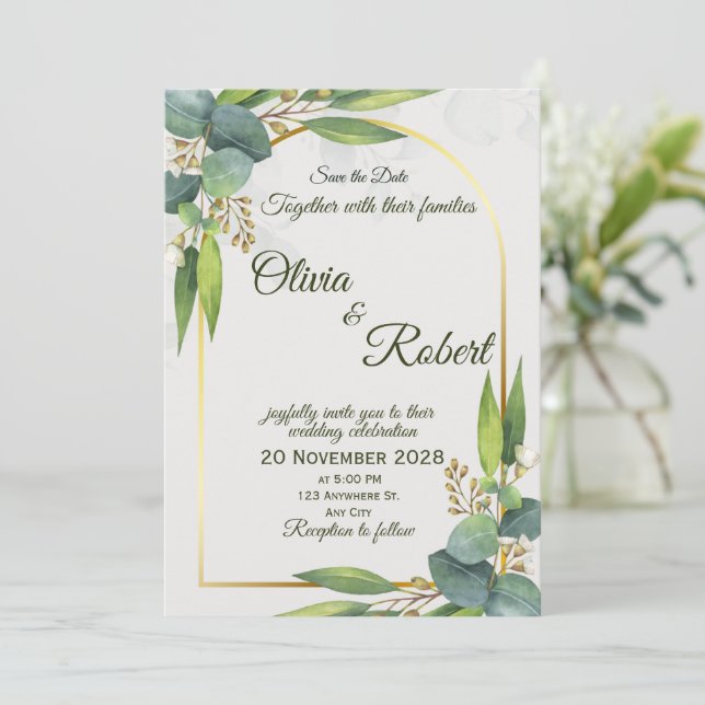Convite Minimal Greenery Wedding Invitation Gold Arch (Em pé/Frente)
