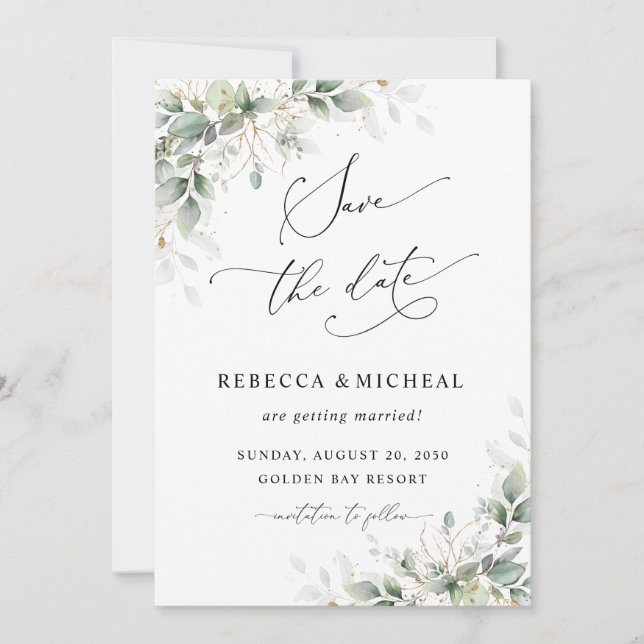 Convite Minimal Greenery Wedding Save The Date Invitation (Frente)