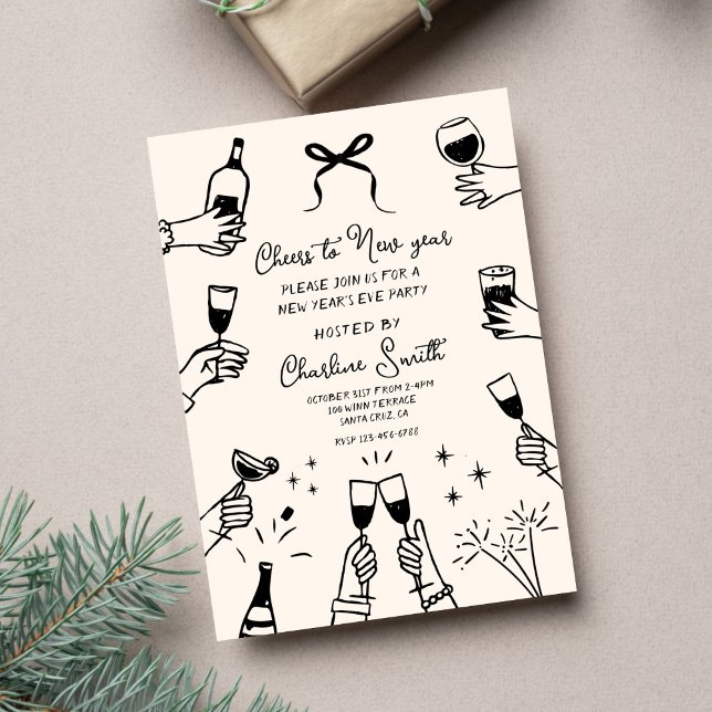 Convite Minimal Hand Drawn “Cheers to New Year” Party  (Criador carregado)