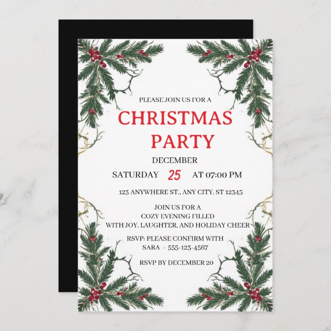 Convite Minimal Holiday Greenery Party Invitation (Frente/Verso)