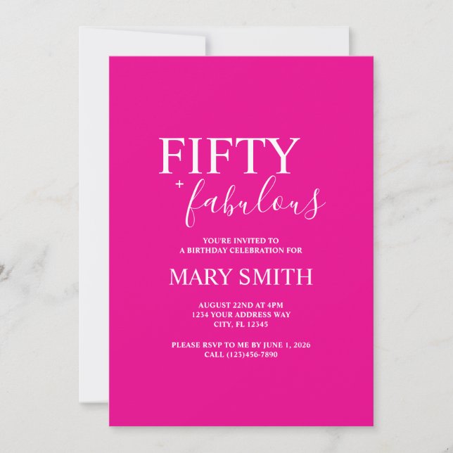 Convite Minimal Hot Pink Fifty and Fabulous 50th Birthday (Frente)