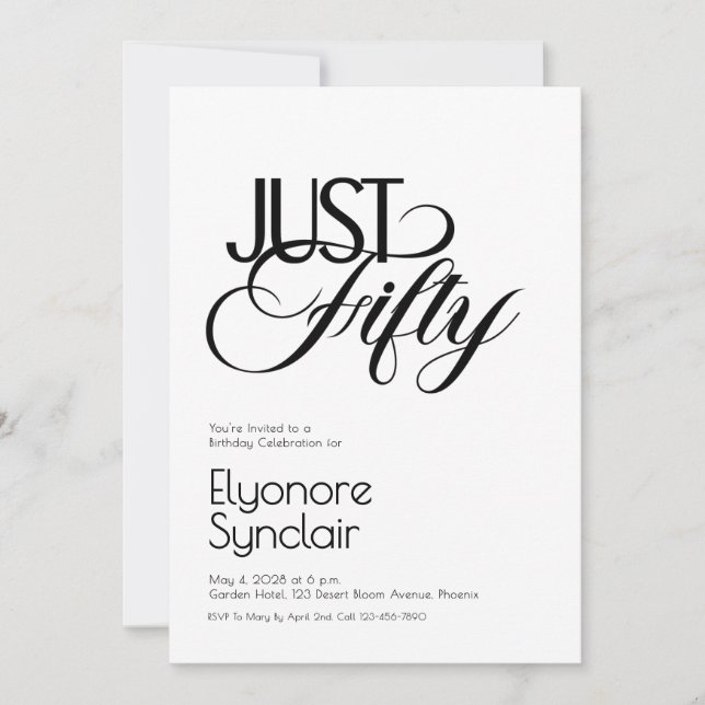 Convite Minimal Just Fifty 50th Birthday Party (Frente)