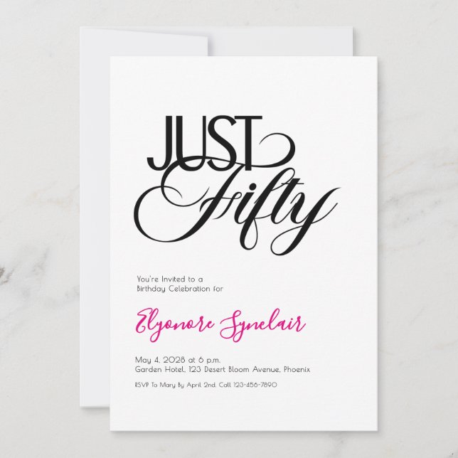 Convite Minimal Just Fifty 50th Birthday Party (Frente)