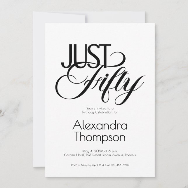 Convite Minimal Just Fifty 50th Birthday Party (Frente)