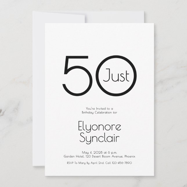 Convite Minimal Just Fifty 50th Birthday Party Invitation (Frente)