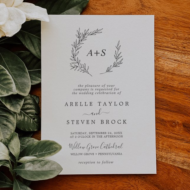 Convite Minimal Leaf | Dark Gray Formal Monogram Wedding (Criador carregado)