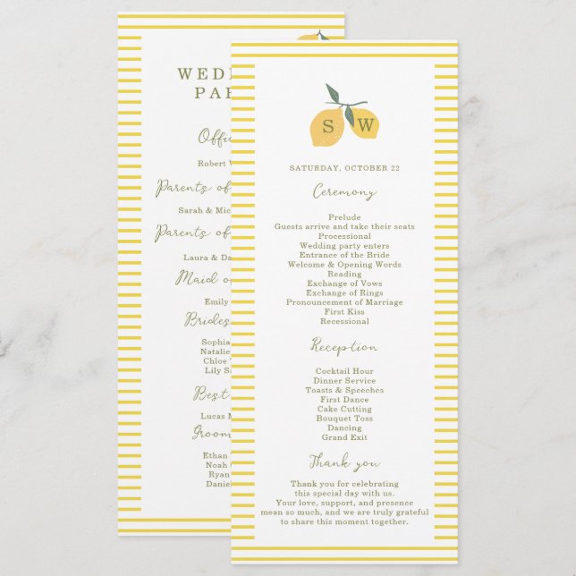 Convite Minimal Lemon Amalfi Coast Wedding Program Card (Frente/Verso)