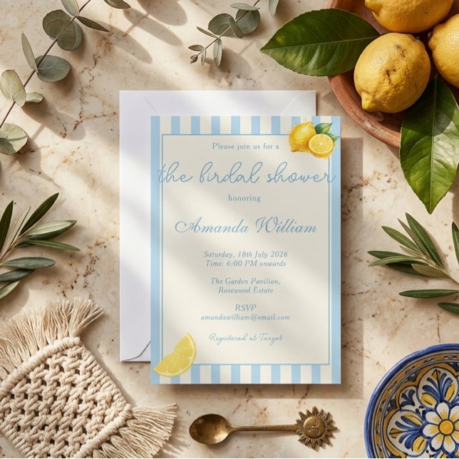 Convite Minimal Light Blue Stripes Lemons bridal Shower (Criador carregado)