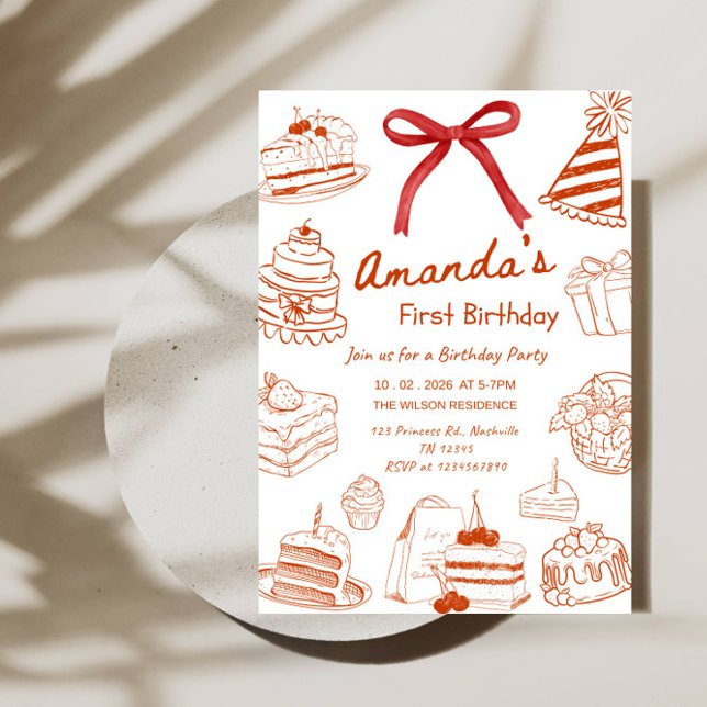 Convite Minimal Line Art Birthday Cake Baby’s 1st Birthday (Criador carregado)