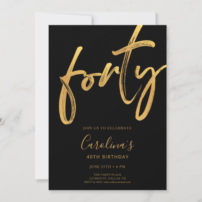 Convite Minimal Modern Black & Gold 40th Birthday (Frente)