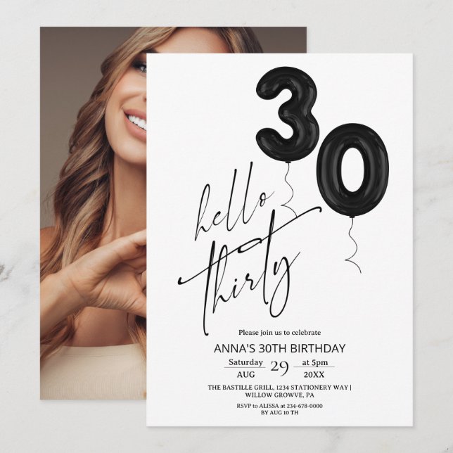 Convite Minimal Modern Black White 30th Birthday (Frente/Verso)