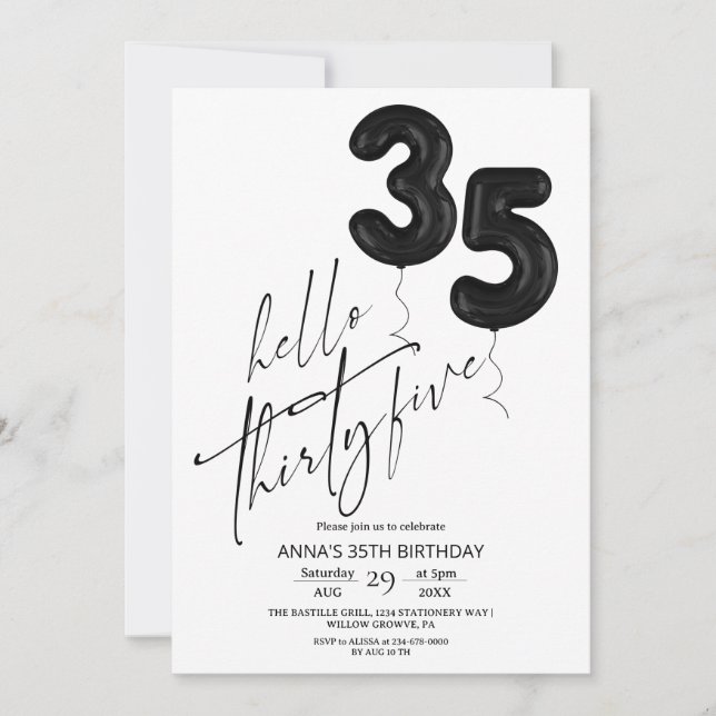 Convite Minimal Modern Black White 35th Birthday (Frente)