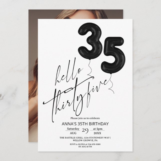 Convite Minimal Modern Black White 35th Birthday (Frente/Verso)
