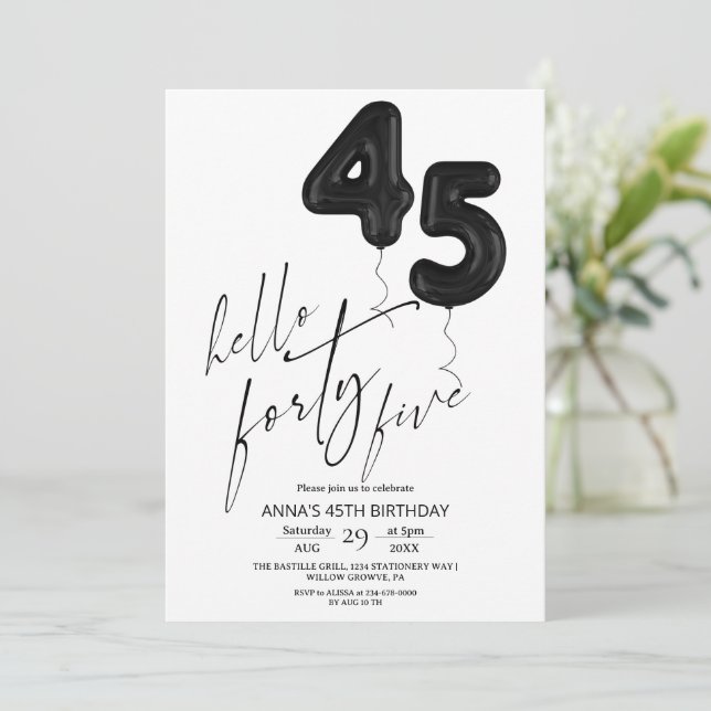 Convite Minimal Modern Black White 45th Birthday (Em pé/Frente)