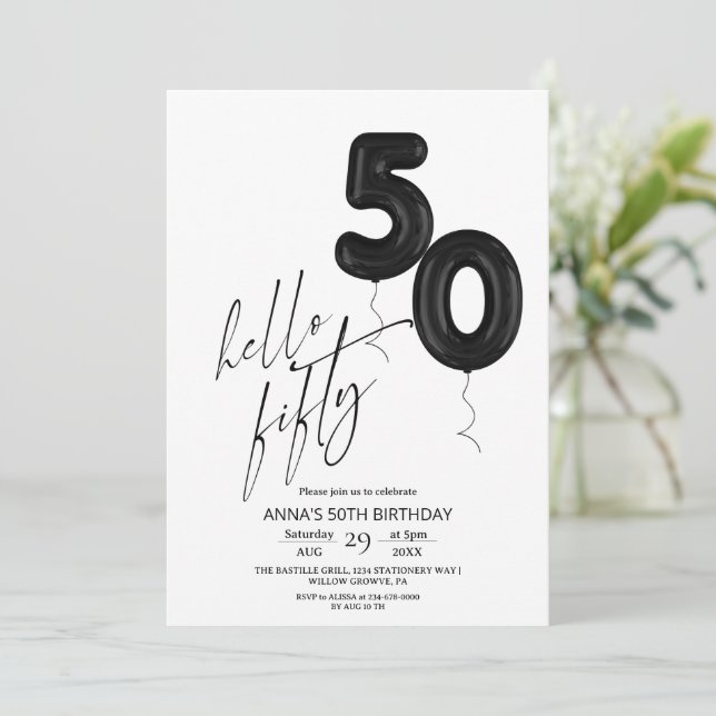 Convite Minimal Modern Black White 50th Birthday (Em pé/Frente)