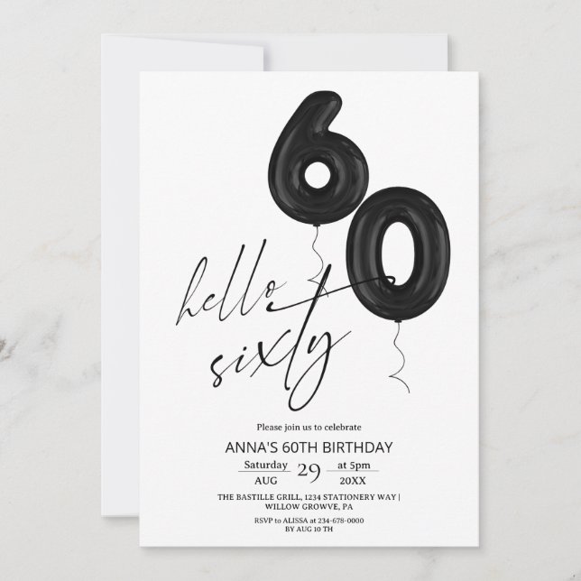 Convite Minimal Modern Black White 60th Birthday  (Frente)