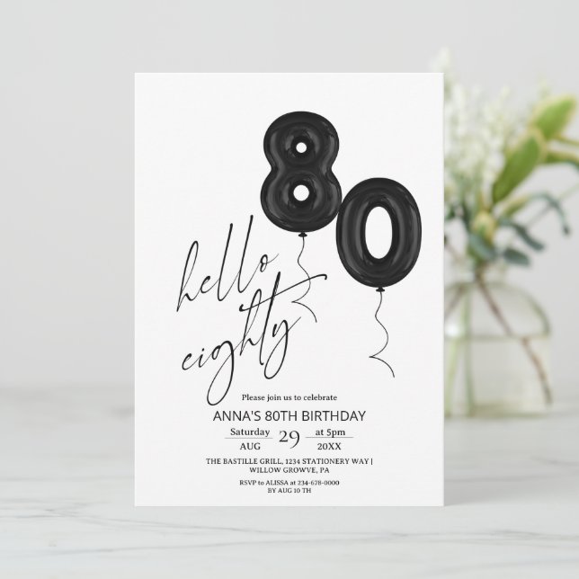 Convite Minimal Modern Black White 80th Birthday (Em pé/Frente)