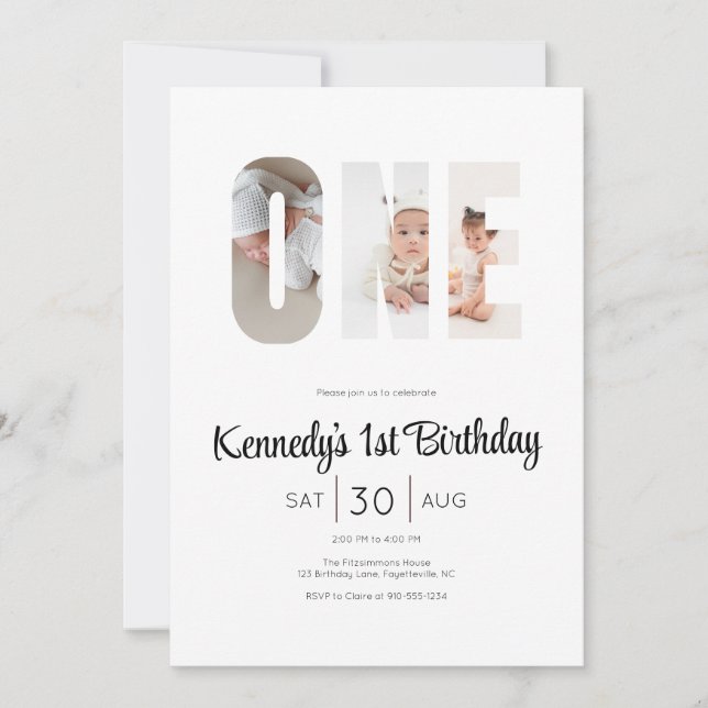 Convite Minimal Modern First Birthday Photo Party  (Frente)