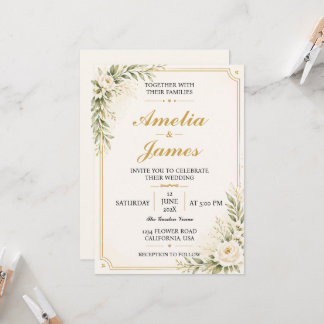 Convite Minimal Modern Gold Wedding Invitation Elegant 
