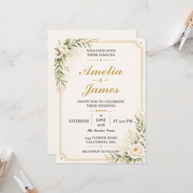 Convite Minimal Modern Gold Wedding Invitation Elegant  (Frente/Verso In Situ)